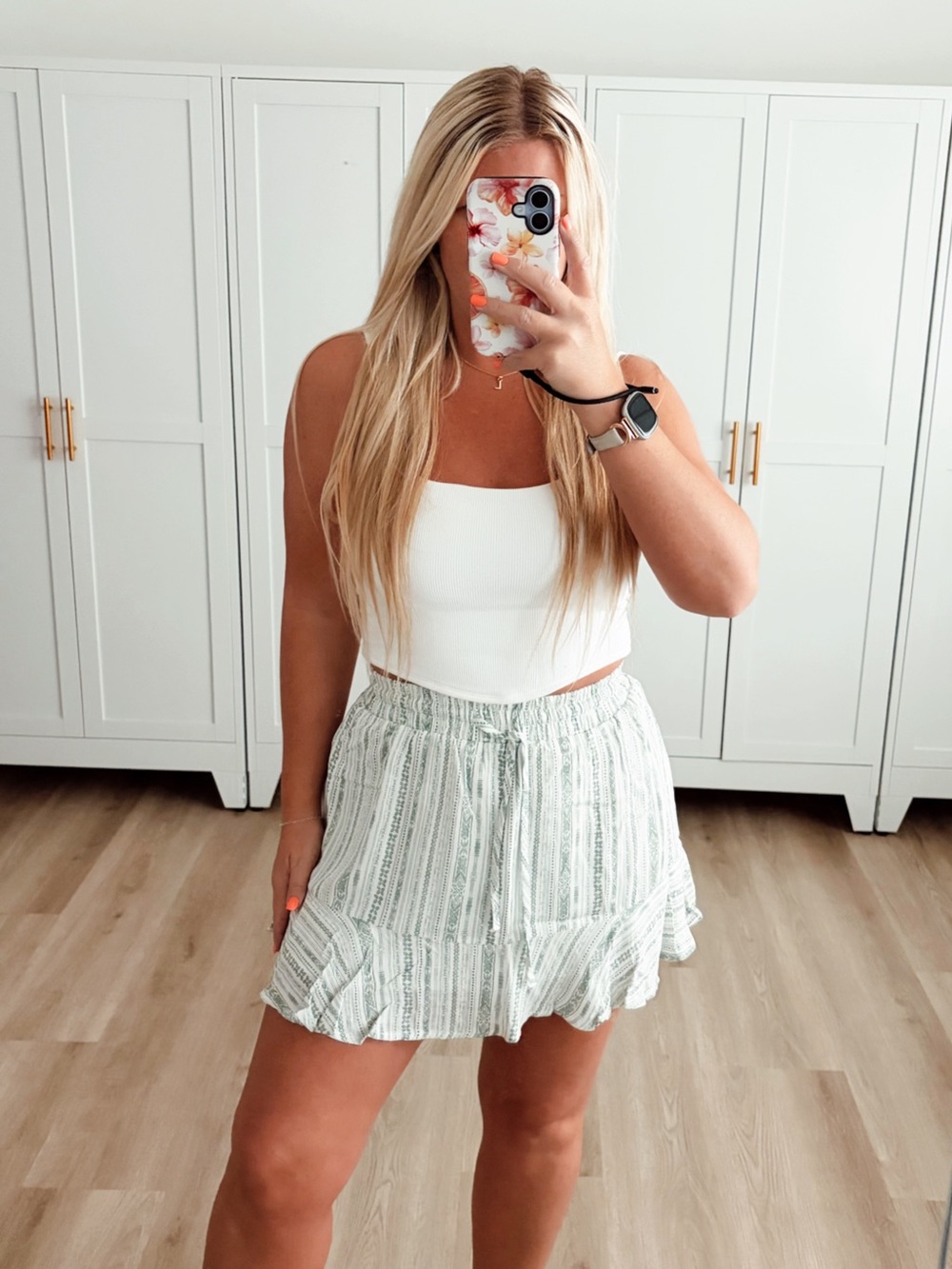 White and green boho print ruffle high waisted skirt